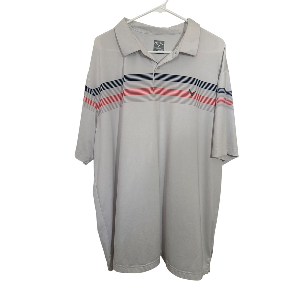 Callaway Opti-Dri Mens XXL Grey Striped Short Sleeve Golf Polo Shirt Navy Red
